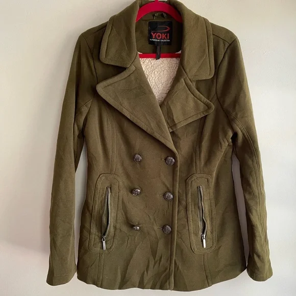 Yoki Olive Green Pea Coat with Fleece Lining Size L - Picture 1 of 4